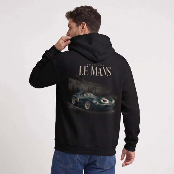 Felpa Jaguar D-Type Le Mans N°6: Born for Le Mans, nera, indossata, vista da dietro