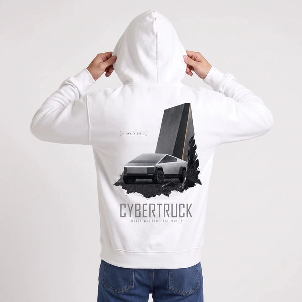 Sweat Tesla Cybertruck Raw Future blanc porté de dos