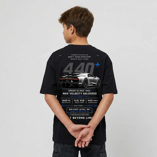 Sweat enfant Bugatti Chiron Super Sport noir dos, design 440 km/h Built Beyond Limits, Tourismo Clothing