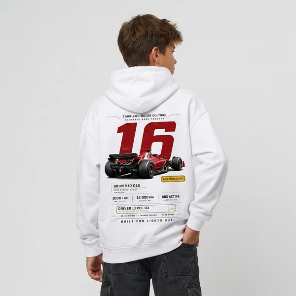 Sweat enfant Ferrari F1 Charles Leclerc 16 blanc dos, design full-back Race ID 016, Tourismo Clothing