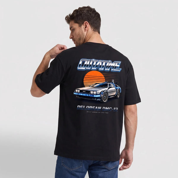 T-shirt Back to the future noir, DeLorean DMC-12 argentée vue de dos