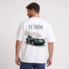 T-shirt bianca Jaguar D-Type Le Mans N°6: Born for Le Mans indossata, vista da dietro