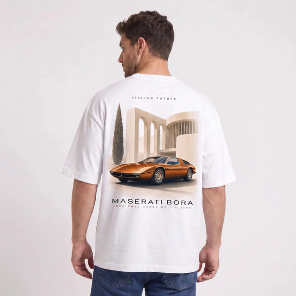T-shirt Maserati Bora Avenir italien blanc, sportive orange cuivré vue de dos