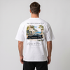 T-shirt blanc oversize Grand Touring Club avec print dos 911 Turbo noire devant café de la Riviera, Tourismo Clothing