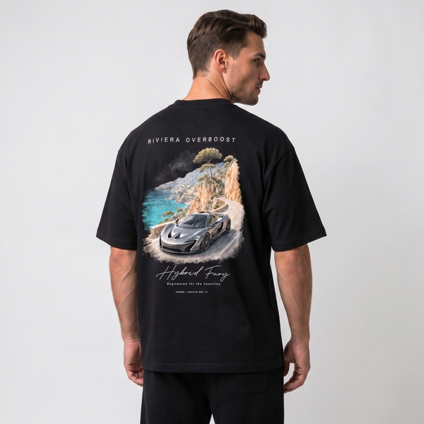 T-shirt noir oversize Riviera Overboost avec print dos McLaren P1 sur route côtière, Tourismo Clothing